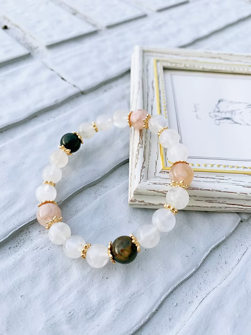 藍暈白月光石/粉櫻花瑪瑙/綠髮晶 手作設計款能量水晶手鍊