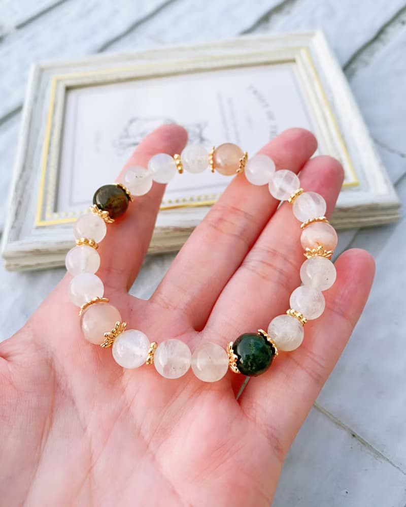 藍暈白月光石/粉櫻花瑪瑙/綠髮晶 手作設計款能量水晶手鍊