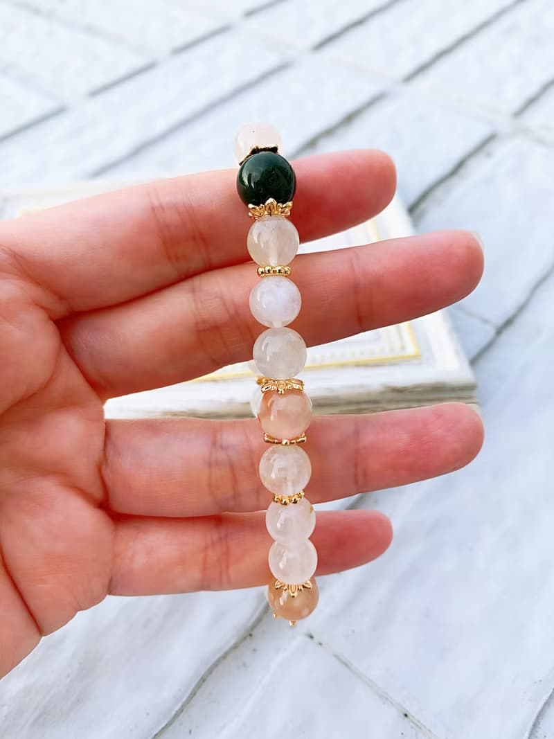 藍暈白月光石/粉櫻花瑪瑙/綠髮晶 手作設計款能量水晶手鍊
