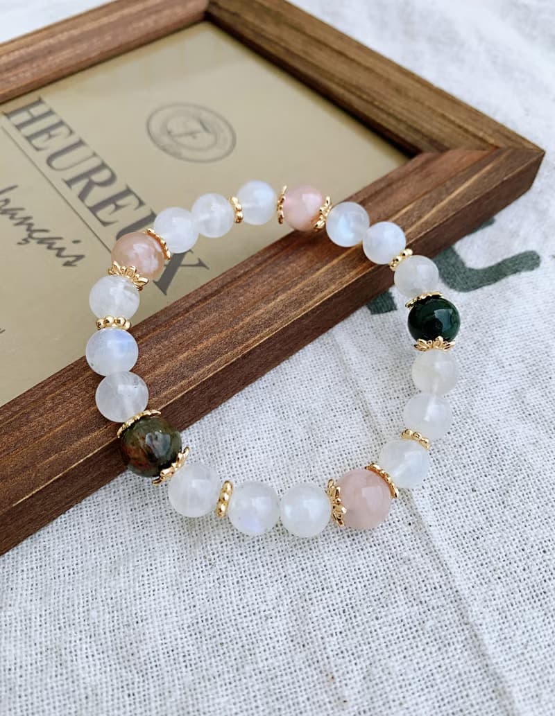 藍暈白月光石/粉櫻花瑪瑙/綠髮晶 手作設計款能量水晶手鍊