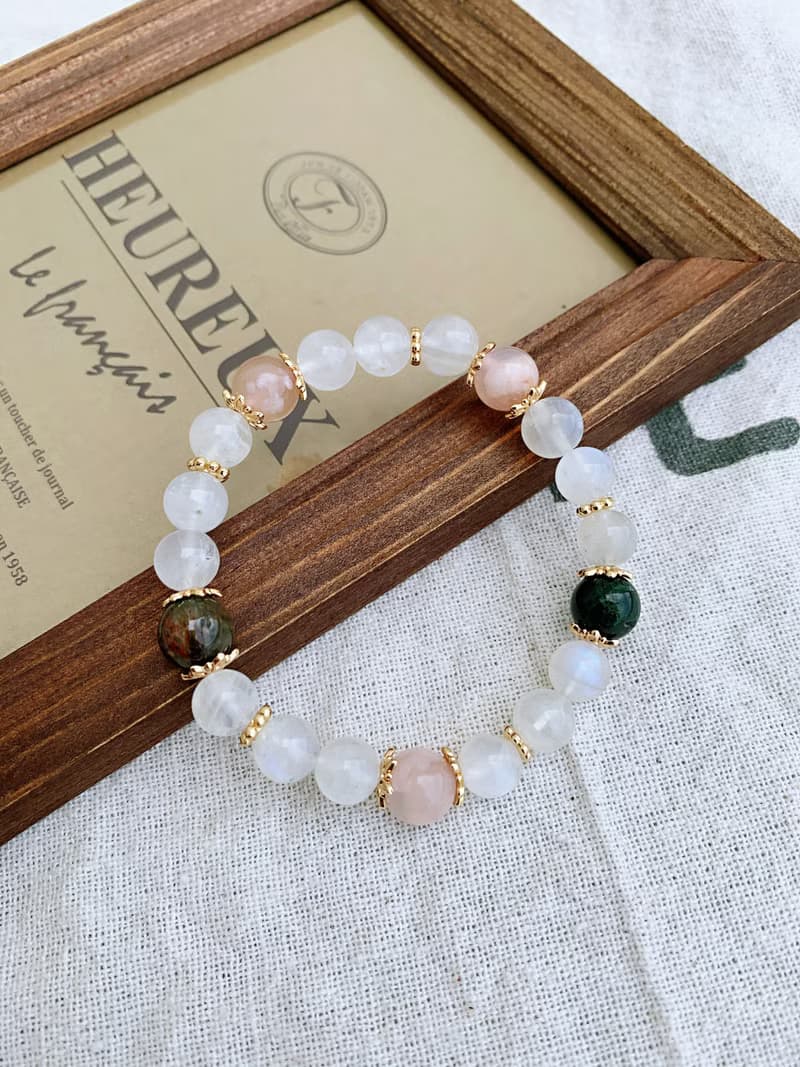 藍暈白月光石/粉櫻花瑪瑙/綠髮晶 手作設計款能量水晶手鍊