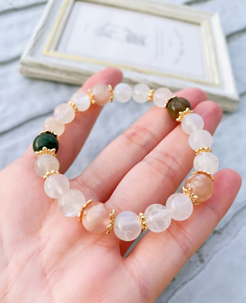 藍暈白月光石/粉櫻花瑪瑙/綠髮晶 手作設計款能量水晶手鍊