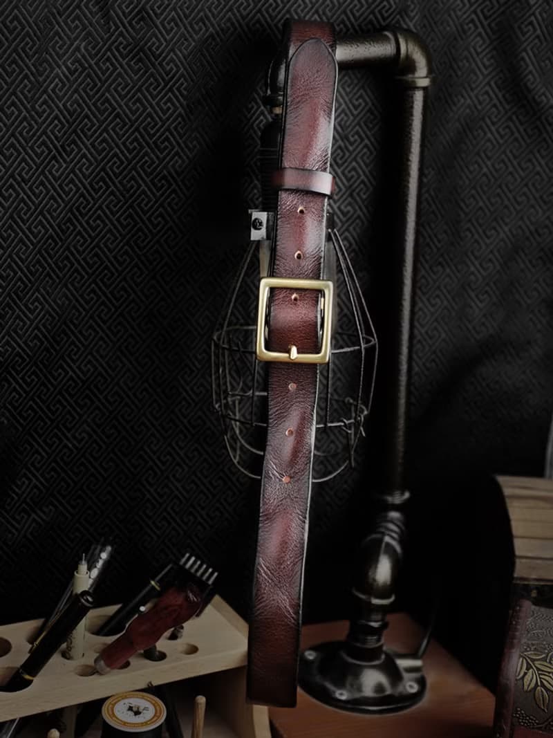 美式復古頭層牛皮皮帶 手工製作銅扣腰帶 簡約牛仔褲帶窄款 2.7cm