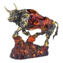 Sculpture of amber and bronze Bull|Amber Souvenir Gift|Amber Bull Figurine|