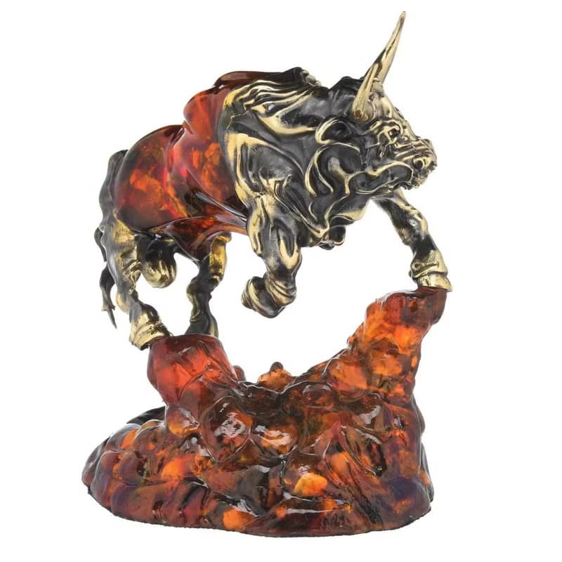 Sculpture of amber and bronze Bull|Amber Souvenir Gift|Amber Bull Figurine|