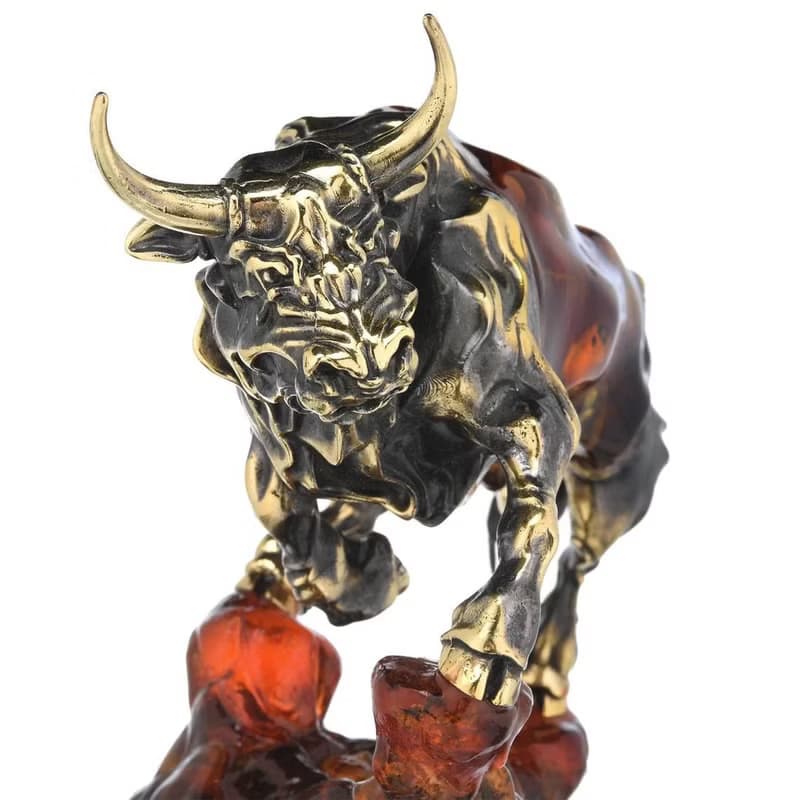 Sculpture of amber and bronze Bull|Amber Souvenir Gift|Amber Bull Figurine|
