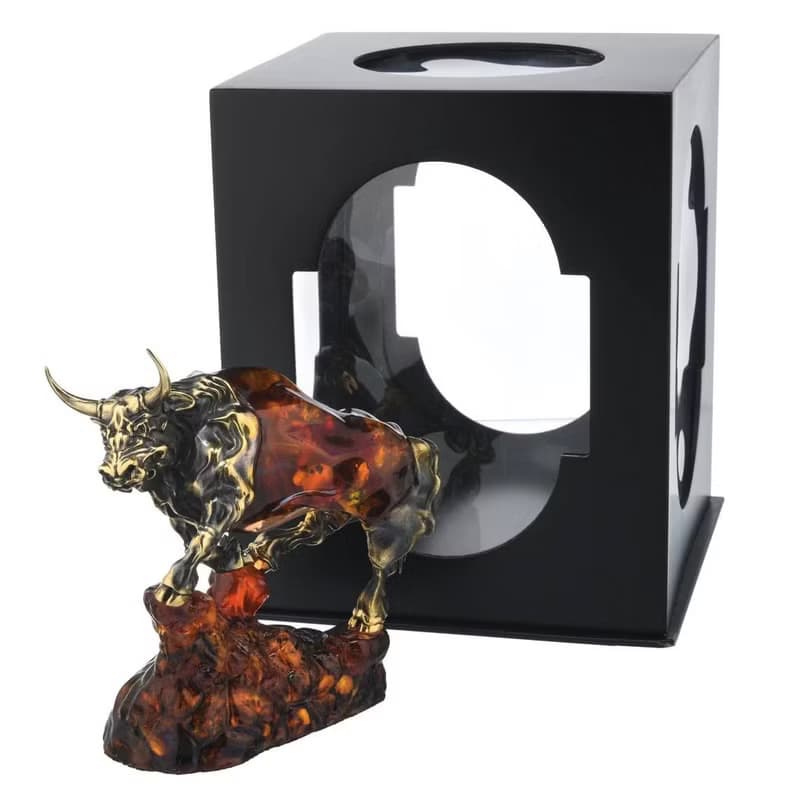 Sculpture of amber and bronze Bull|Amber Souvenir Gift|Amber Bull Figurine|