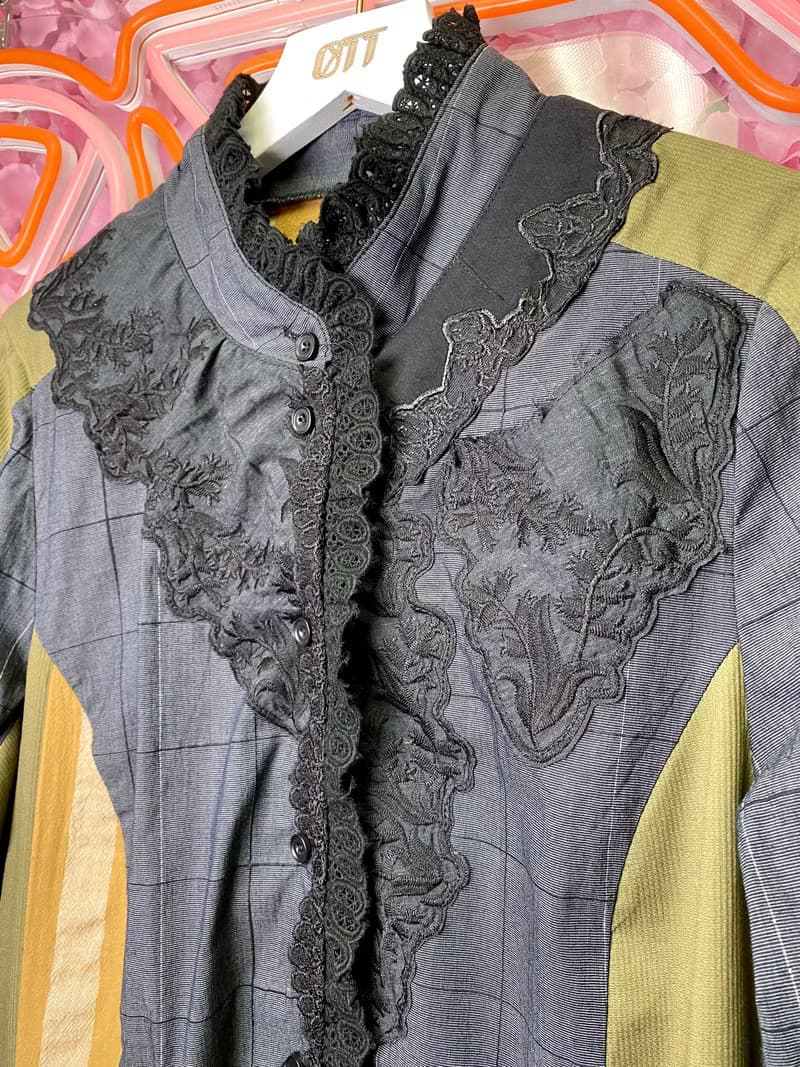 OTT獨一無二•Unique日系灰綠黃刺繡長格仔恤衫連衣裙Long Shirt