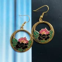 【西洋古董飾品 】景泰藍 雙朵花卉 耳勾針 針式耳環