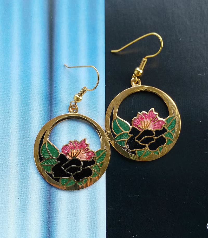 【西洋古董飾品 】景泰藍 雙朵花卉 耳勾針 針式耳環