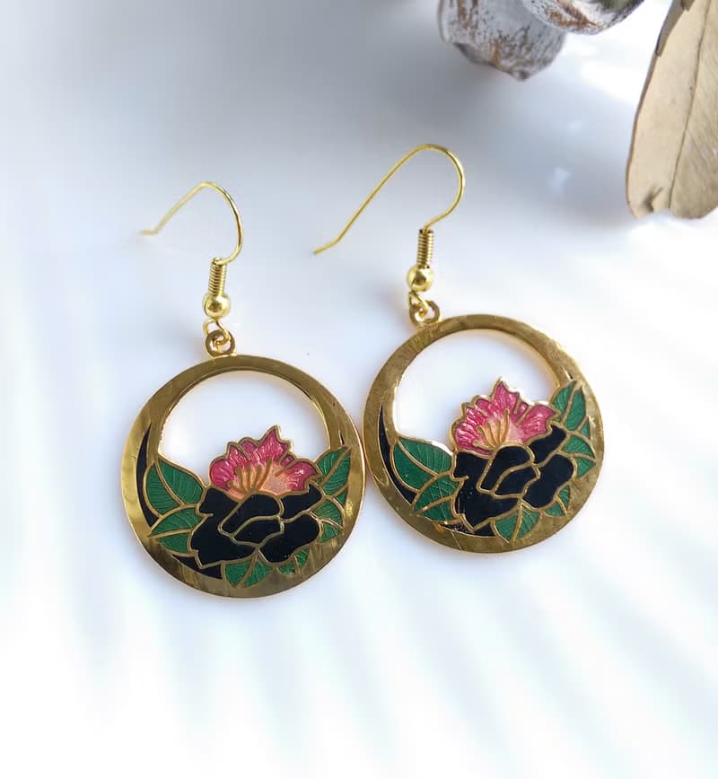 【西洋古董飾品 】景泰藍 雙朵花卉 耳勾針 針式耳環