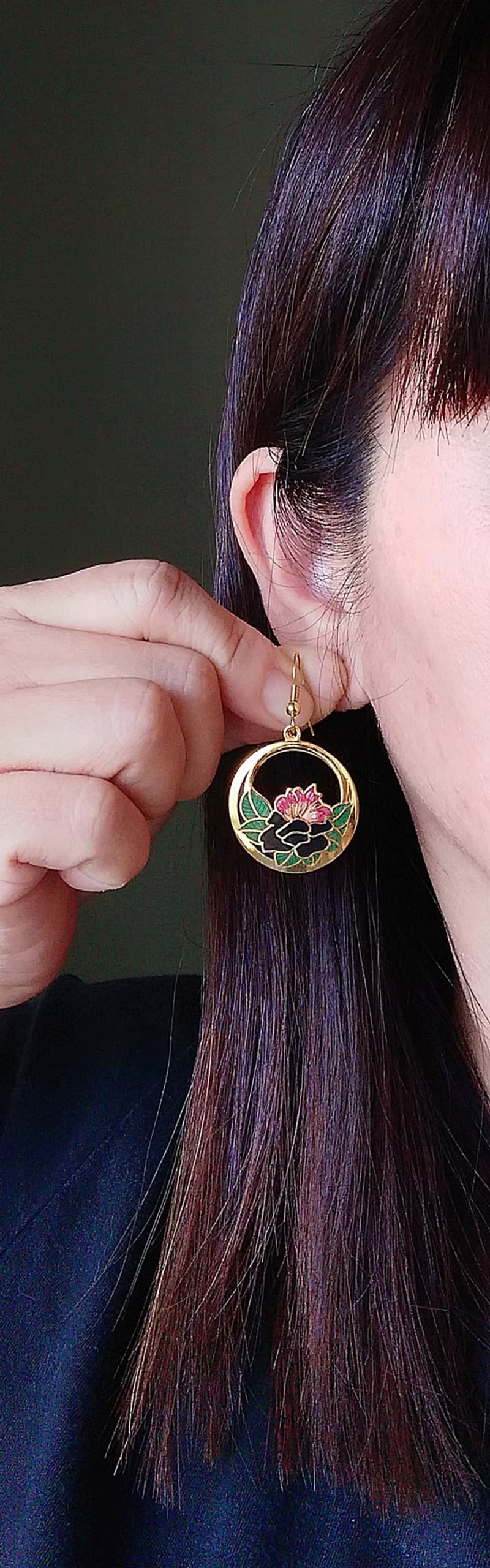 【西洋古董飾品 】景泰藍 雙朵花卉 耳勾針 針式耳環