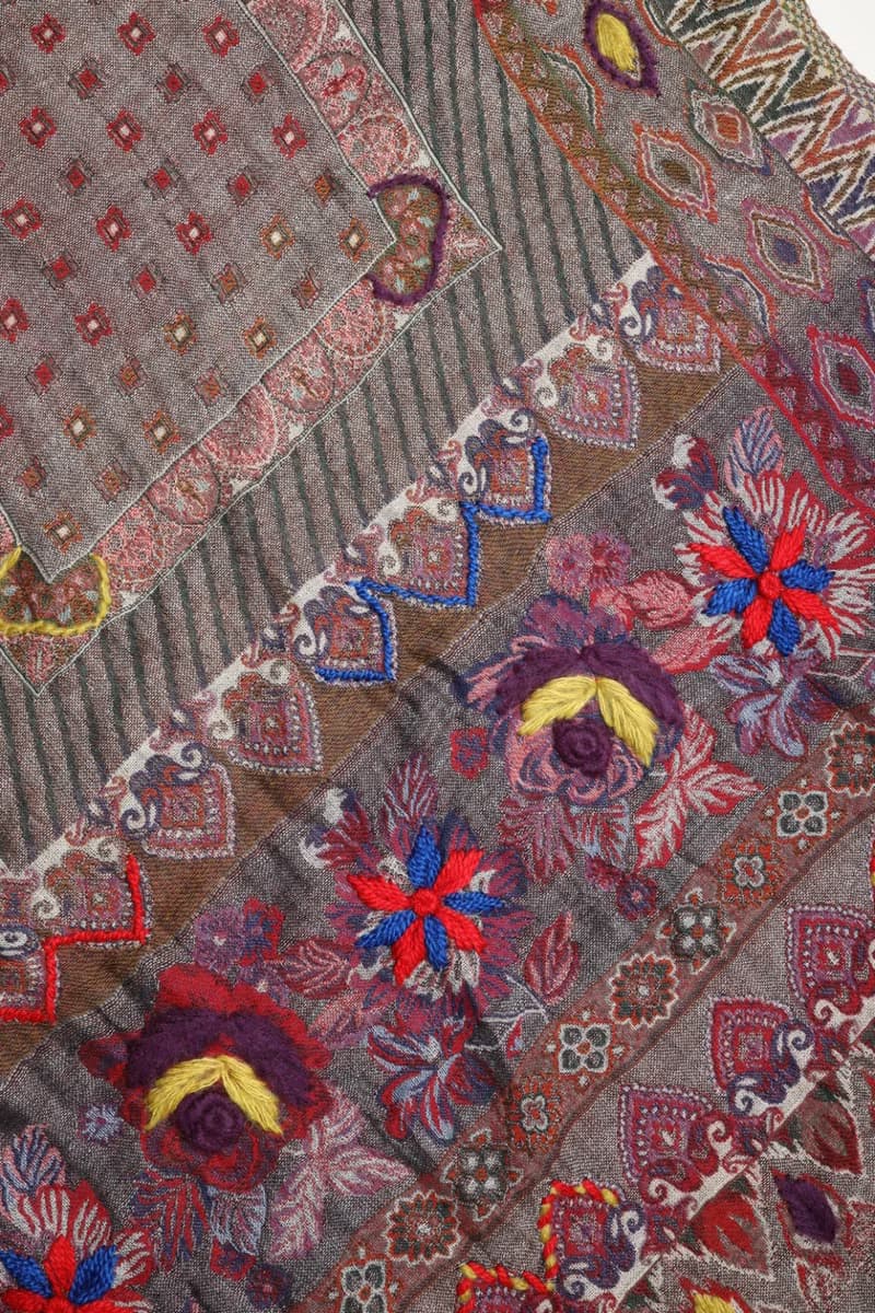 【畢業禮物】喀什米爾水煮羊毛手工刺繡圍巾披肩牛仔灰紫玫瑰花