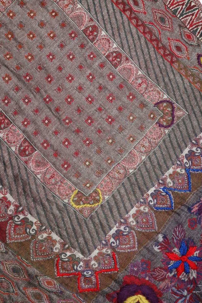 【畢業禮物】喀什米爾水煮羊毛手工刺繡圍巾披肩牛仔灰紫玫瑰花
