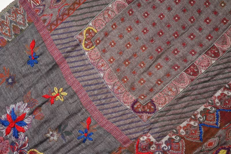 【畢業禮物】喀什米爾水煮羊毛手工刺繡圍巾披肩牛仔灰紫玫瑰花