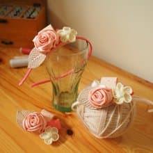 手工製作粉紅絲帶玫瑰花拼小布花嬰兒女童髮帶髮夾及頭箍親子套裝
