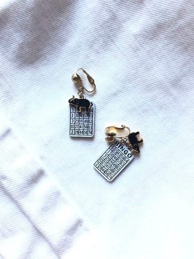 Vintage Elephant Bingo Card Gold Clip On Earrings
