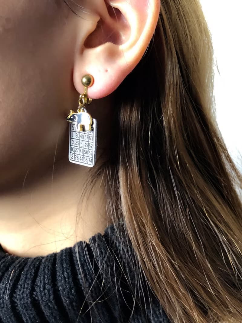 Vintage Elephant Bingo Card Gold Clip On Earrings