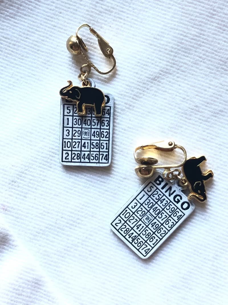 Vintage Elephant Bingo Card Gold Clip On Earrings