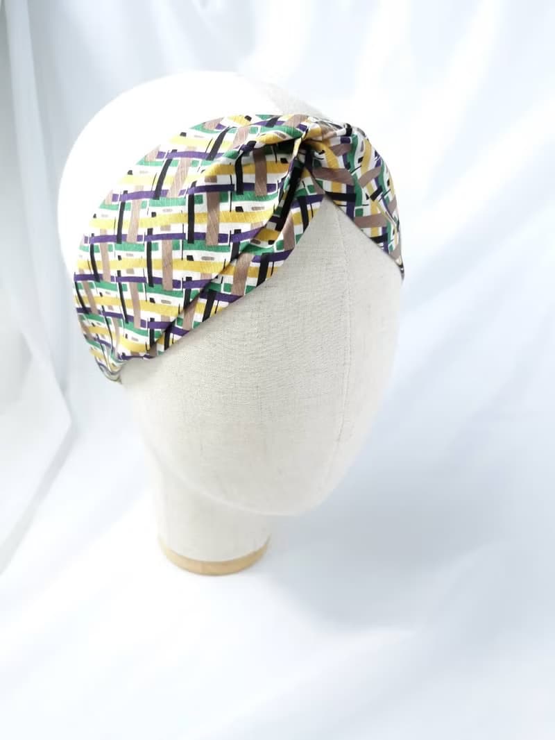 黃綠交錯格紋手工髮帶