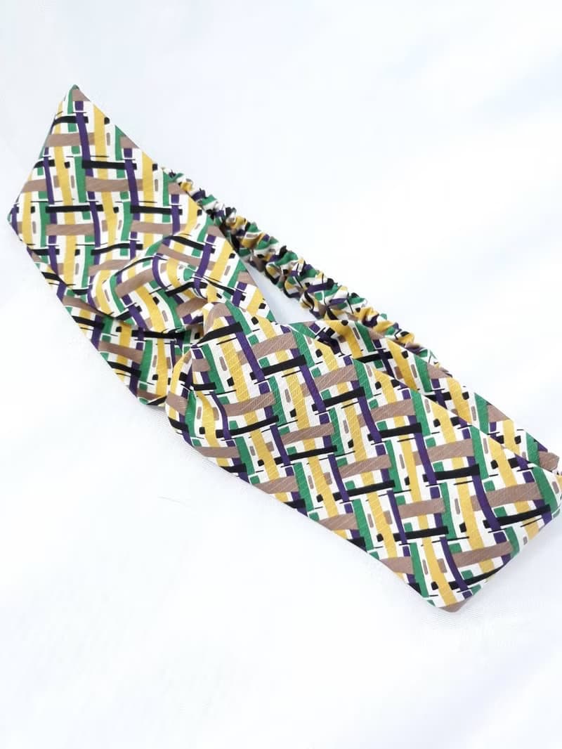 黃綠交錯格紋手工髮帶