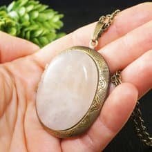 Rose Quartz Oval Photo Locket Powder Pink Keepsake Pendant Necklace Jewelry Gift