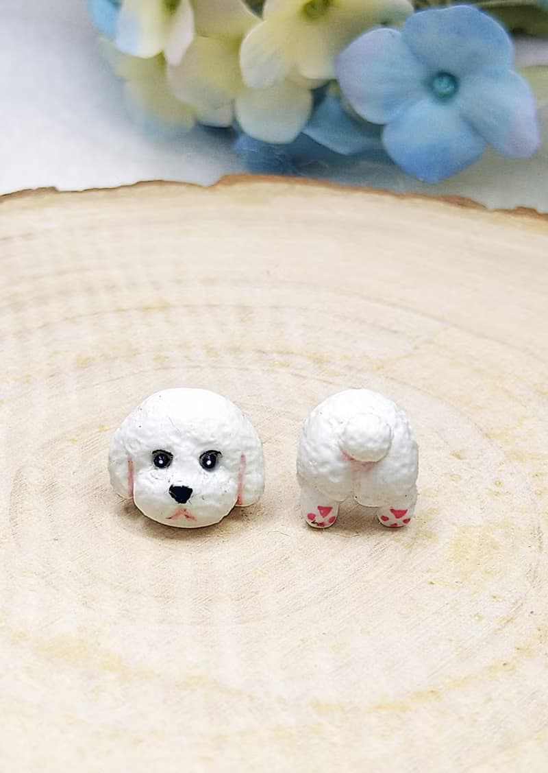 全手制 白色 貴賓犬 貴婦狗 耳釘/耳夾