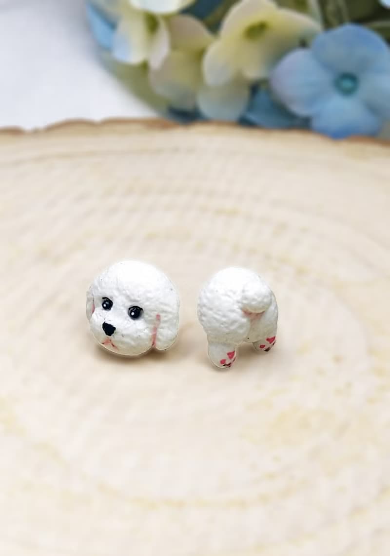 全手制 白色 貴賓犬 貴婦狗 耳釘/耳夾