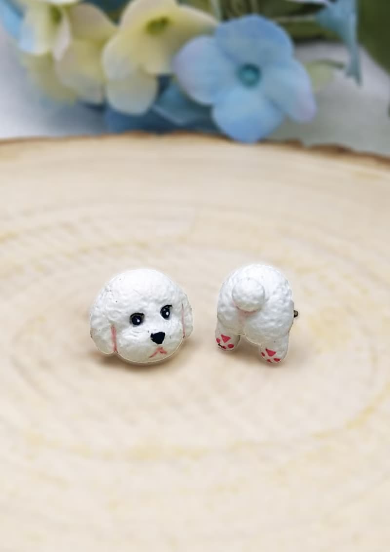 全手制 白色 貴賓犬 貴婦狗 耳釘/耳夾