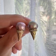 甜蜜樂園 金色甜筒造型天然珍珠耳釘