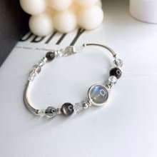 夜盡時 灰月光拉長石 黑髮晶 銀曜石 白水晶 925純銀彈性水晶手鍊