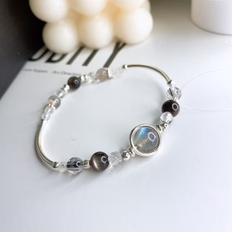 夜盡時 灰月光拉長石 黑髮晶 銀曜石 白水晶 925純銀彈性水晶手鍊