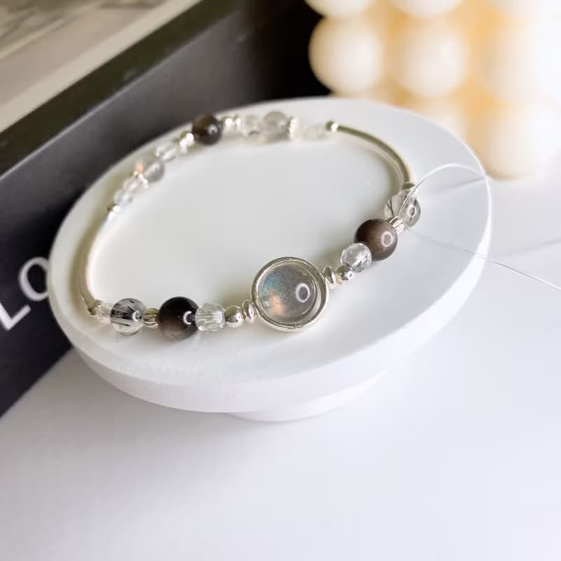 夜盡時 灰月光拉長石 黑髮晶 銀曜石 白水晶 925純銀彈性水晶手鍊