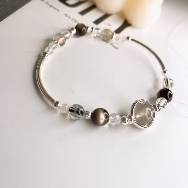 夜盡時 灰月光拉長石 黑髮晶 銀曜石 白水晶 925純銀彈性水晶手鍊