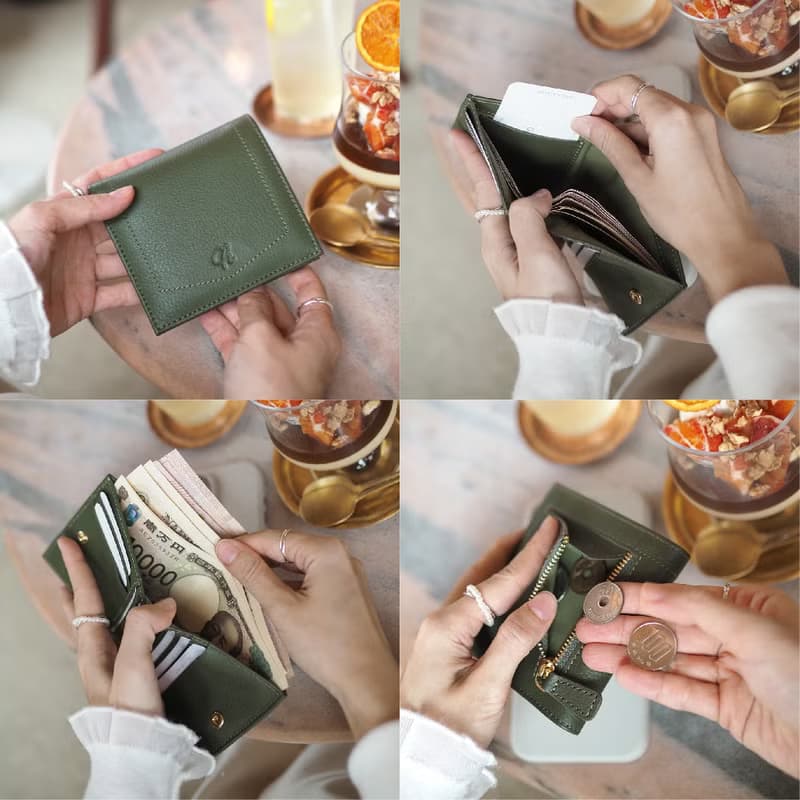 Hannah (Moss Green) : Small leather short wallet, folded wallet, Mini wallet