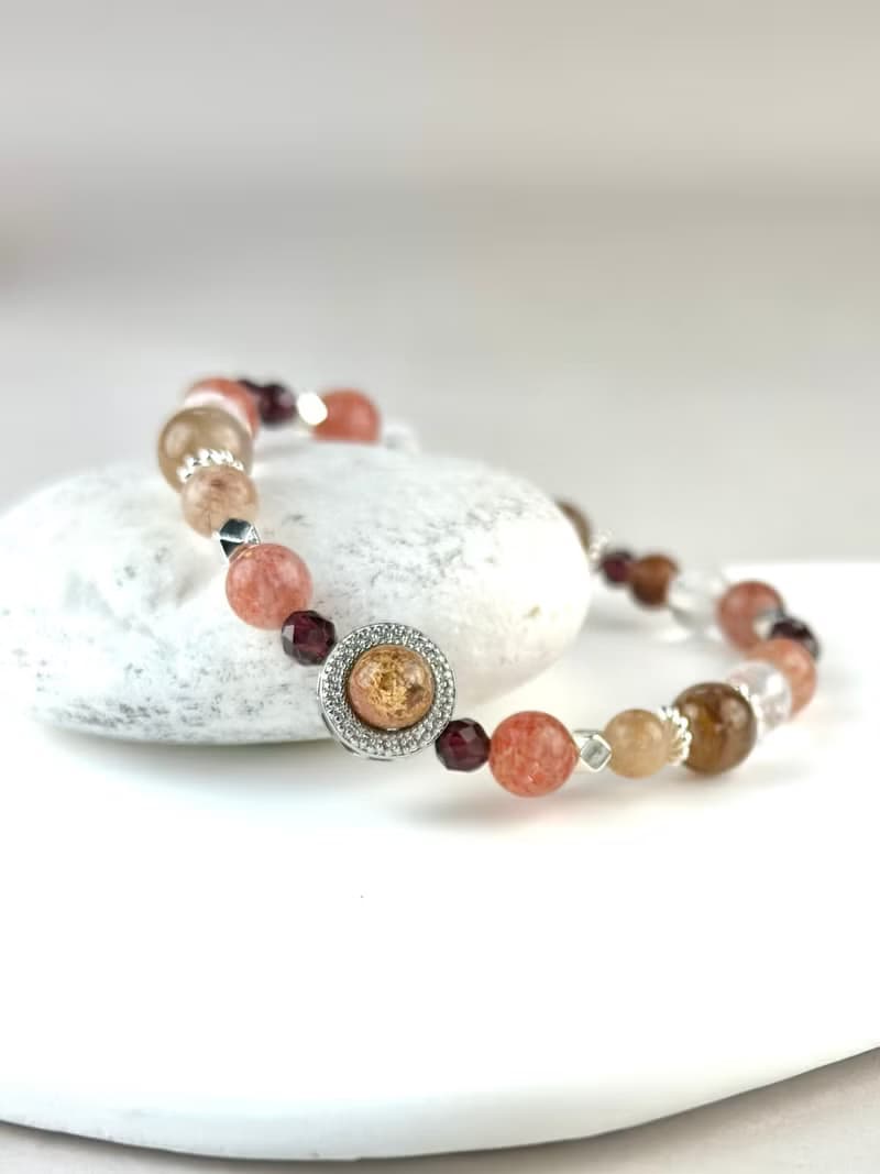 幽靈水晶 兔毛水晶 金太陽 彩髮晶 紅石榴天然水晶手鍊/加強信念