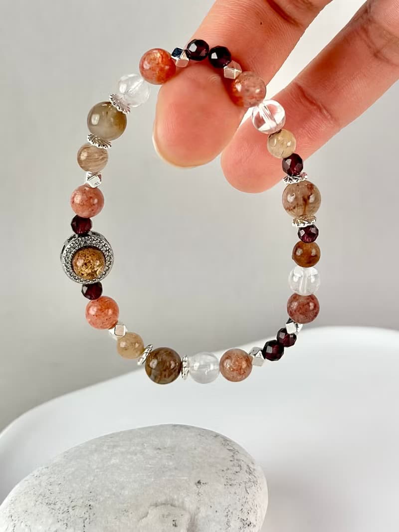 幽靈水晶 兔毛水晶 金太陽 彩髮晶 紅石榴天然水晶手鍊/加強信念