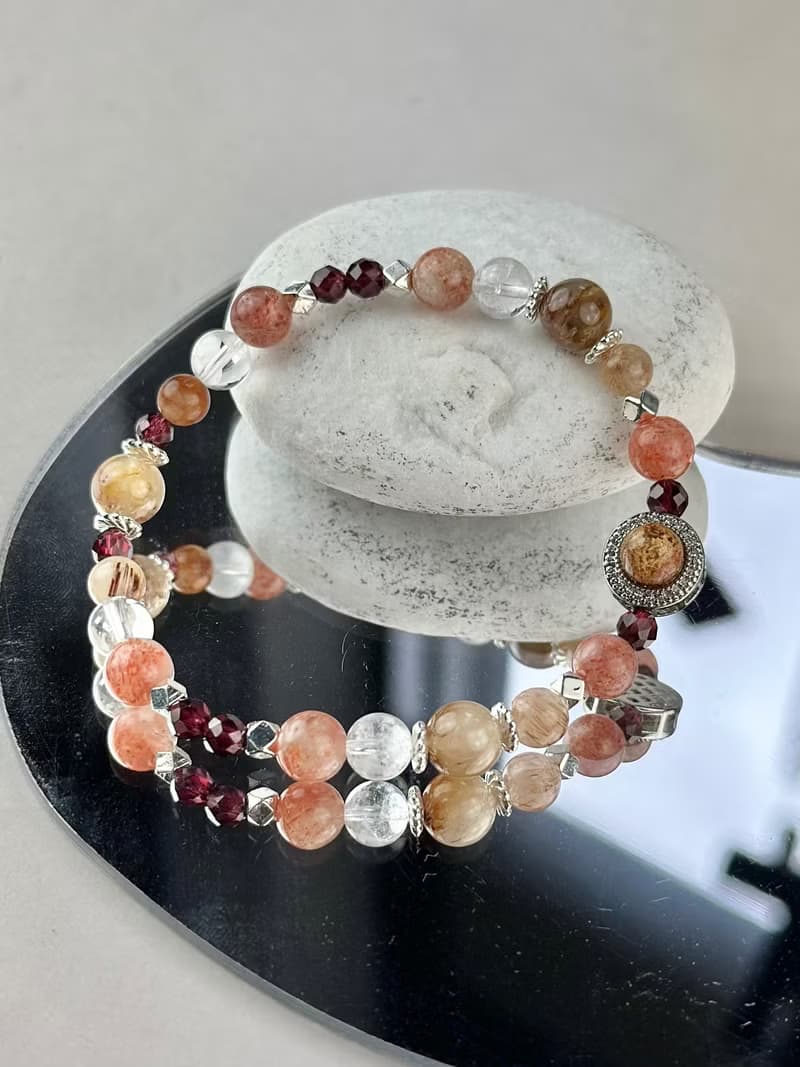 幽靈水晶 兔毛水晶 金太陽 彩髮晶 紅石榴天然水晶手鍊/加強信念