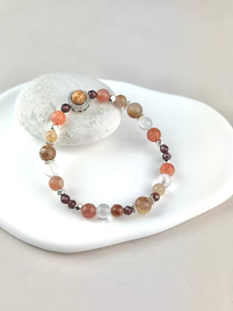 幽靈水晶 兔毛水晶 金太陽 彩髮晶 紅石榴天然水晶手鍊/加強信念