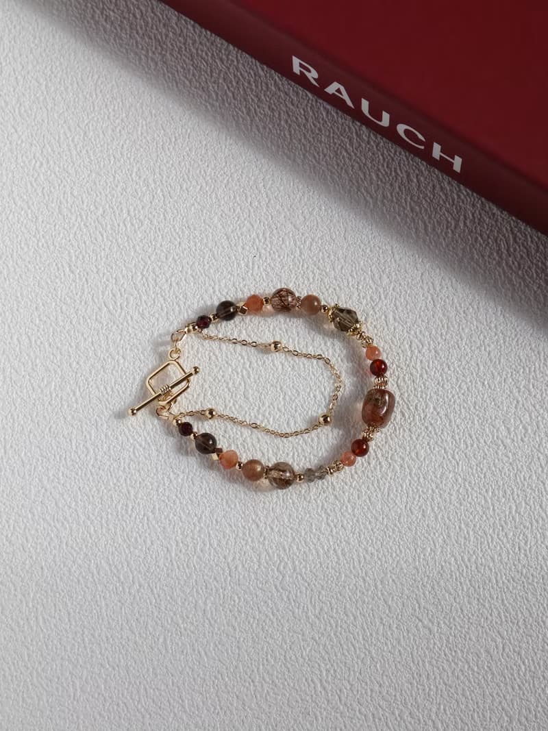 橙香摩卡。不規則黑金超七 茶晶 金草莓 14K包金 水晶礦石手鍊