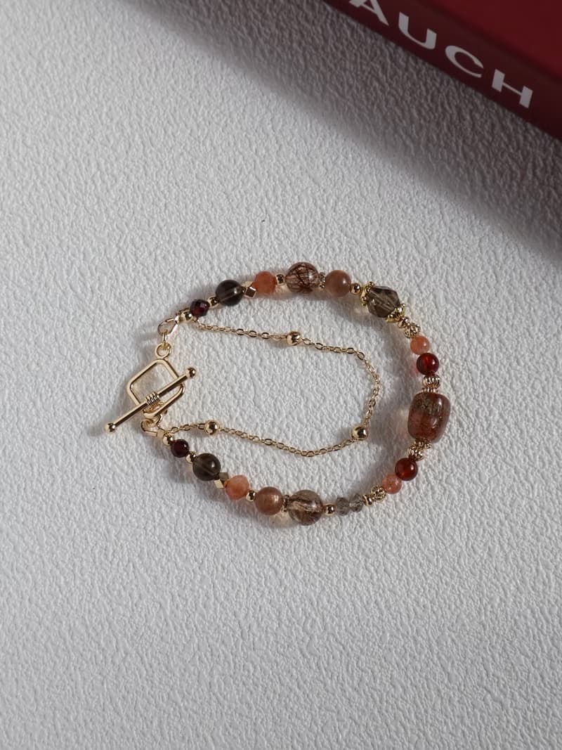 橙香摩卡。不規則黑金超七 茶晶 金草莓 14K包金 水晶礦石手鍊