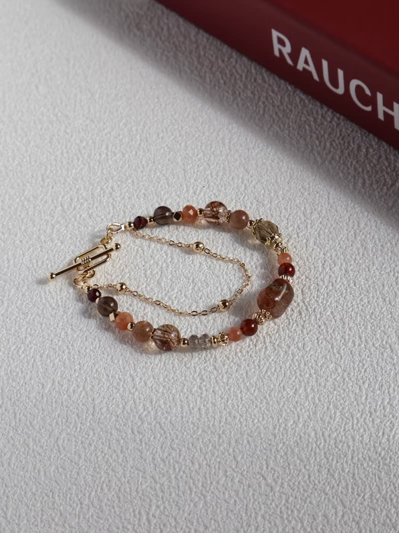 橙香摩卡。不規則黑金超七 茶晶 金草莓 14K包金 水晶礦石手鍊