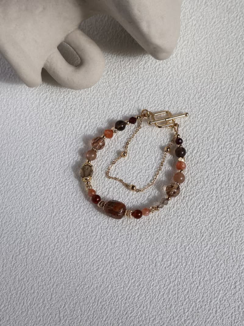 橙香摩卡。不規則黑金超七 茶晶 金草莓 14K包金 水晶礦石手鍊