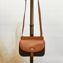【 日本直送　名牌中古包 】CELINE セリーヌ マカダム ショルダーバッグ ブラウン ブラゾン PVCレザー ミニバッグ vintage nwujcb