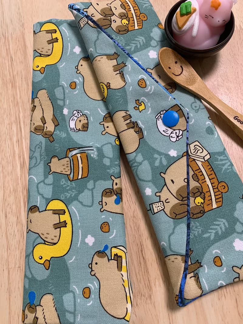 文青風環保純棉筷袋 萌翻水豚君 質感湖水藍 卡皮巴拉 日本 潮物