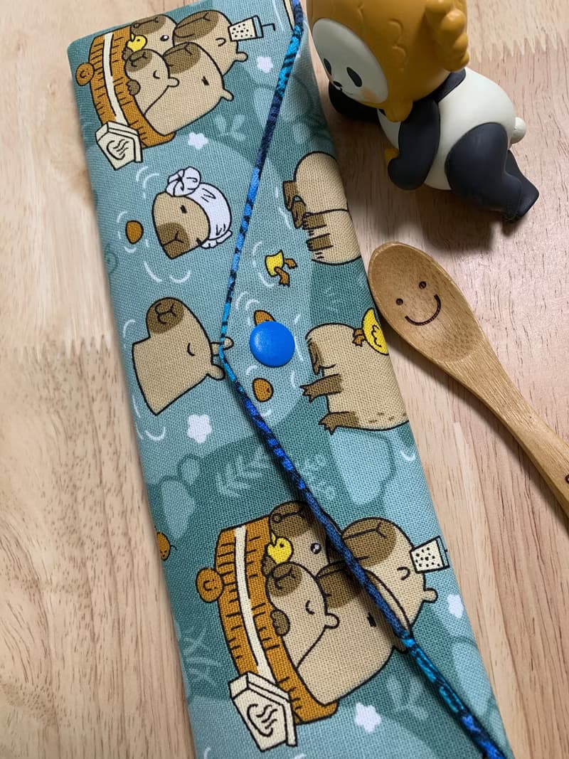 文青風環保純棉筷袋 萌翻水豚君 質感湖水藍 卡皮巴拉 日本 潮物