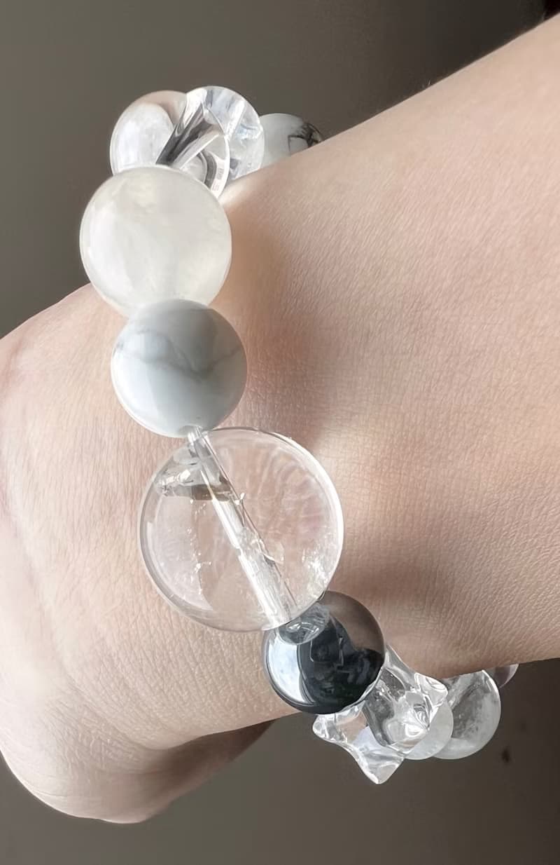 ||冬雪|| 淨化能量水晶手環。白幽靈/鈦赫茲/月光石/白松石