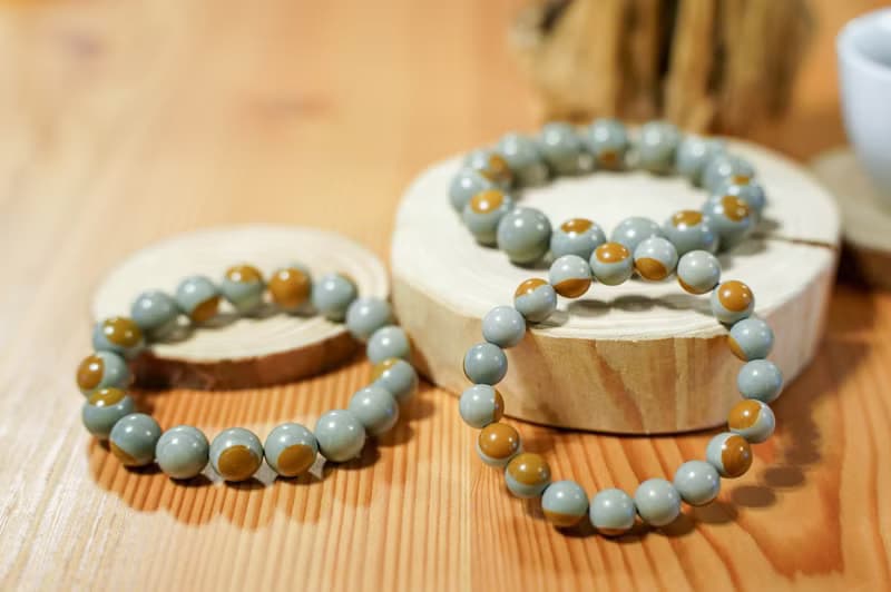 阿拉善瑪瑙彩玉 青鴨蛋鹹蛋黃3 顆顆有眼||辟邪平安 天然水晶手鍊