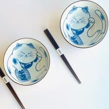【結婚禮/入厝禮】美濃燒-手繪風染付招財貓對碗禮盒(附筷)