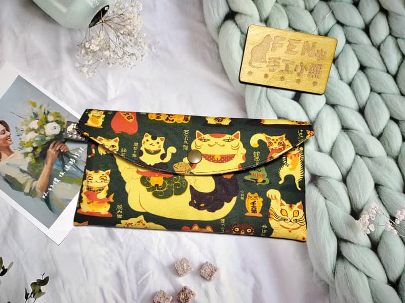 日本限量牛津布款妖怪招財貓單層款布紅包袋-手作布紅包袋-萬用包
